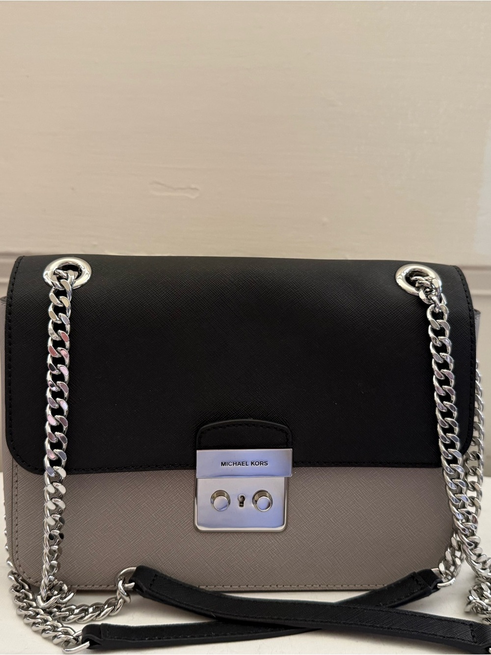 Michael Kors Black and Taupe Saffiano Chain Crossbody